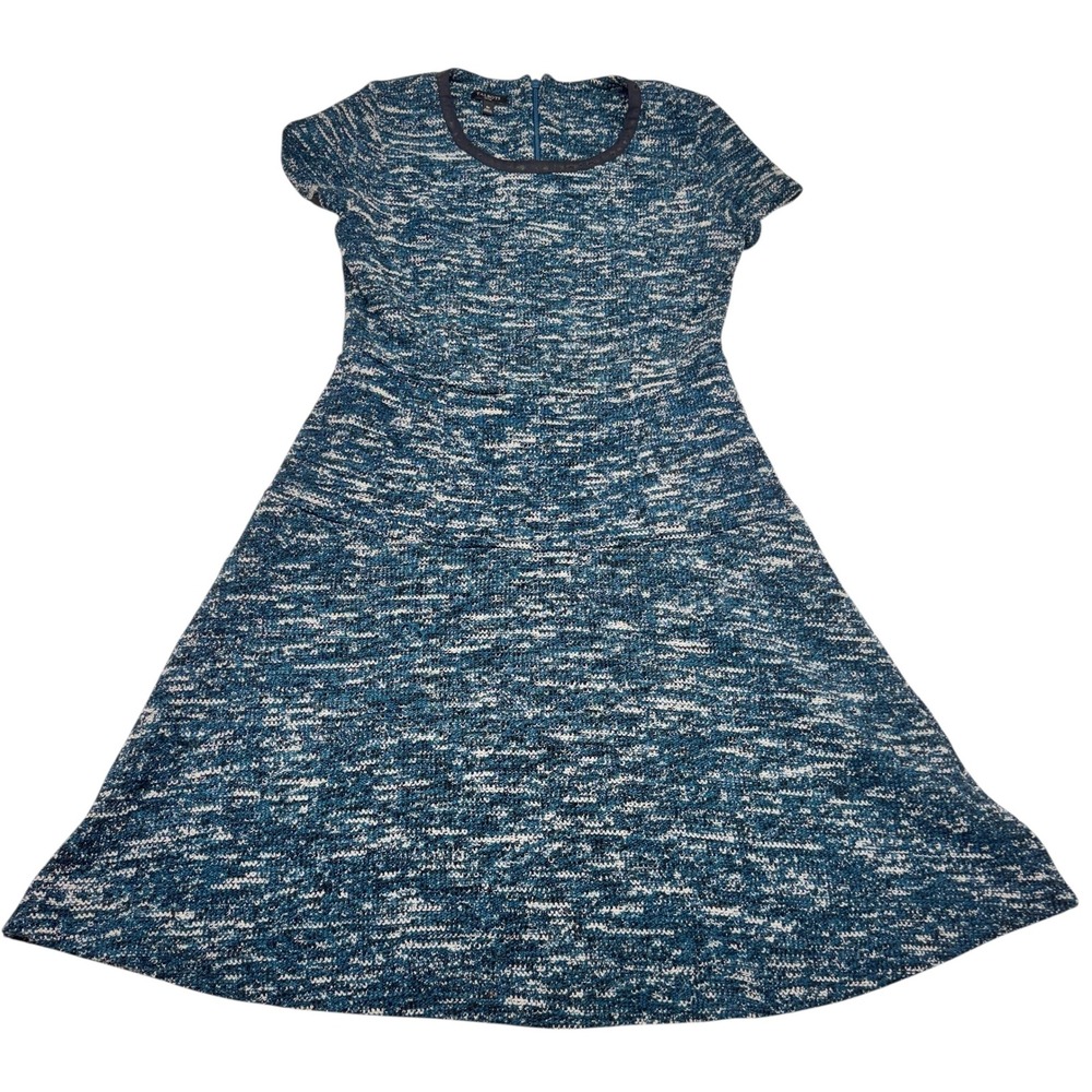 Talbots Tweed Fit & Flare Short Sleeve Crew Neck Dress Womens 8P Teal Black